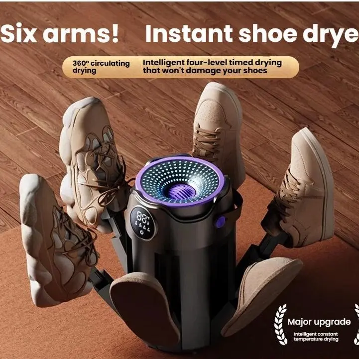 Portable Shoe Dryer - 6-Arm Foldable Compact, 4-Level Timer, Constant Temperature Drying, Household Clothes & Shoe Drying Appliance [Premium Black], Four-Level Timer