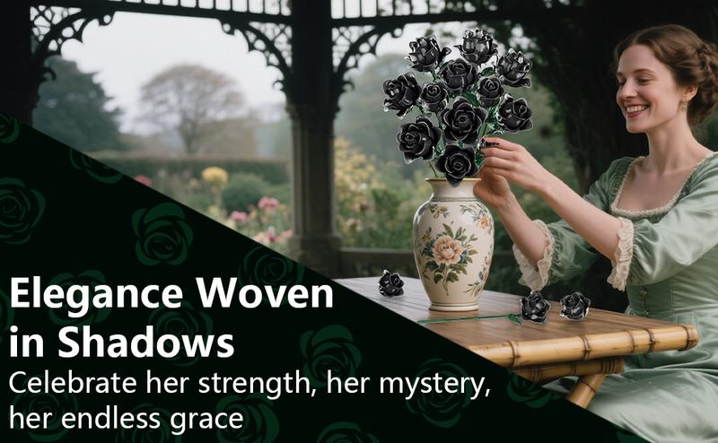 585PCS Black Roses Bouquet Building Set Valentine's Day gifts Contains 12 black roses Gothic Style Artificial Flower Blocks Kit Compatible with Lego for Adults , DIY Home Decor Gift vdaygift