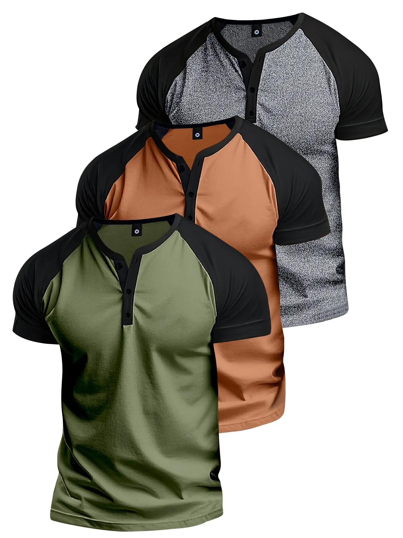 Men’s Summer Lightweight Colorblock Henley Short-Sleeve Raglan Crew Neck Button T-Shirt - XL Menswear Streetwear Top for Everyday Wear, Sports Outings, Gifts for Boyfriend