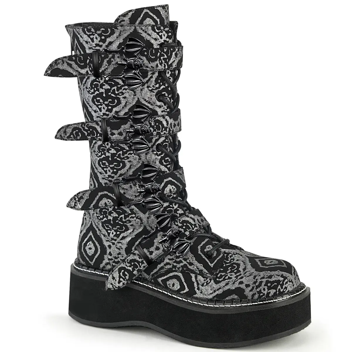 Demonia Emily-322 Black-Silver Faux Nubuck Leather Knee-high Boots