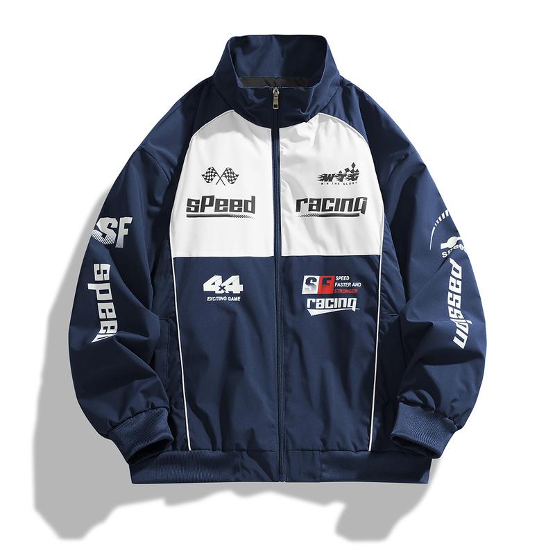 Men's casual stand up collar racing style street style INSY2K jacket, made of durable fabric, decorated with letters and patterns, suitable for cycling, daily wear, sports wear, suitable for spring and summer seasons Motorcycle Streetwear Longsleeves