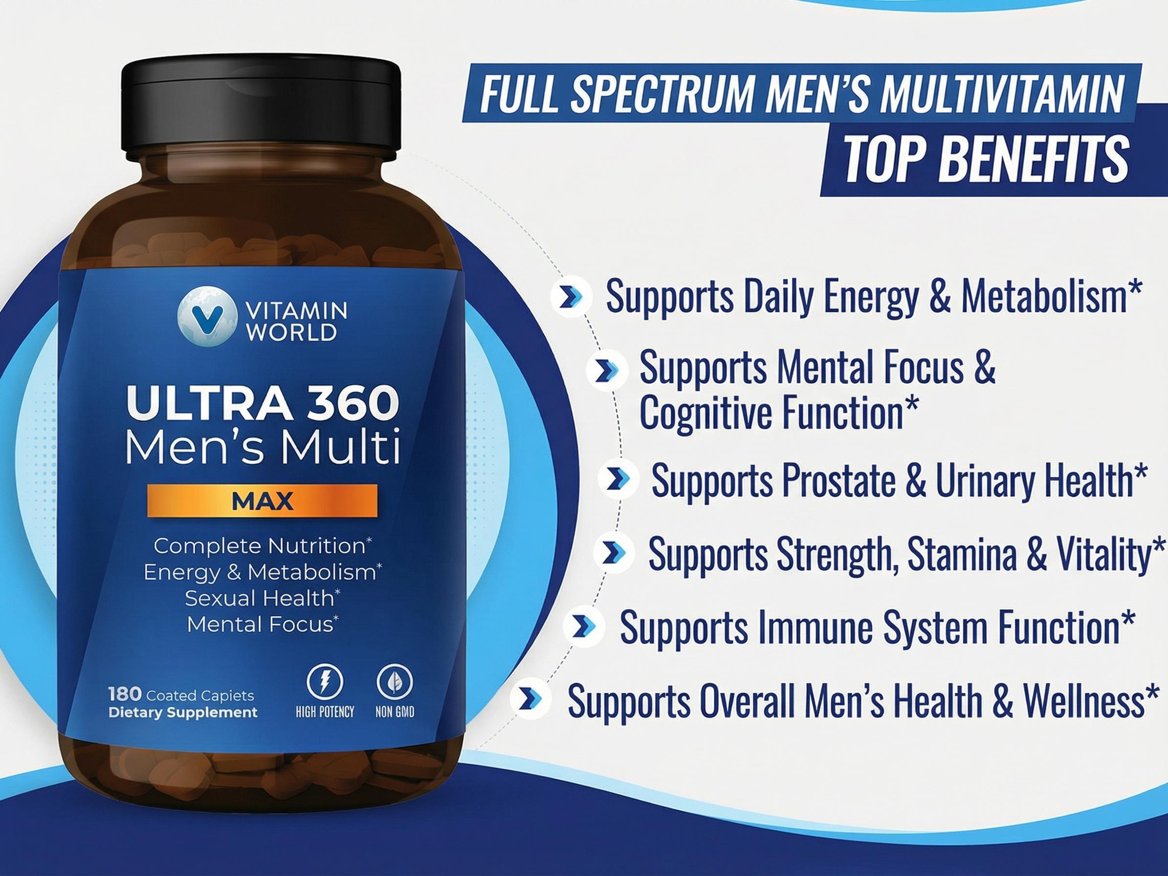 VITAMIN WORLD ULTRA 360 Men's Max Multivitamin, Max for Men Daily Multivitamin - Non-GMO, Gluten Free - Supplement, Healthcare Fitness, Edible Dietary