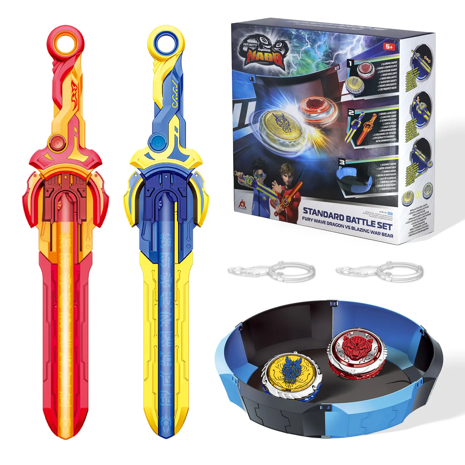 ALPHA GROUP Infinity Nado Stadium Battling Tops Burst Toy Set, Ages 8+, Includes Stadium, 2 Spinning Tops, 2 Sword Launchers, Sapphire Blue & Flame Red Anime Design, Durable Colorful Metal & ABS Plastic, Skill Building Toy for Kids, Handheld