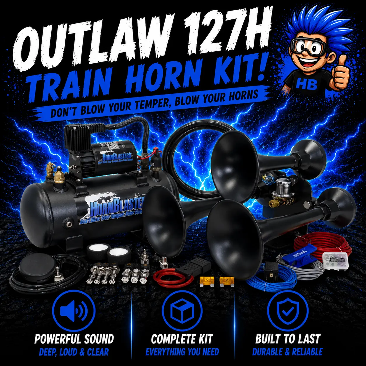 Outlaw 127H Train Horn Kit, Car Horn Alarm, Hornblasters