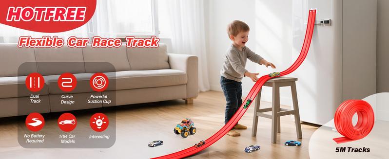 Hotfree 15Ft Flex Tracks Race Car Ramp Set, Slot Car Race Tracks, STEM Flexible Racetrack with 4 Mini Cars, 12 Suction Cups & Hook, Compatible with Hot Wheels & 1:64 Diecast Cars, Portable Roll-Up Track, Birthday & Christmas Gift for Kids Ages 3+ Figures