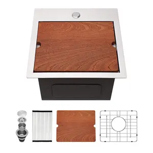Kichae Drop In Bar Sink - 15x15 Small RV Sink Topmount, 16 Gauge Stainless Steel Single Bowl Ledge Workstation, Wet Bar Prep Kitchen Sink for Patio, Handmade Basin with Cutting Board and Rack