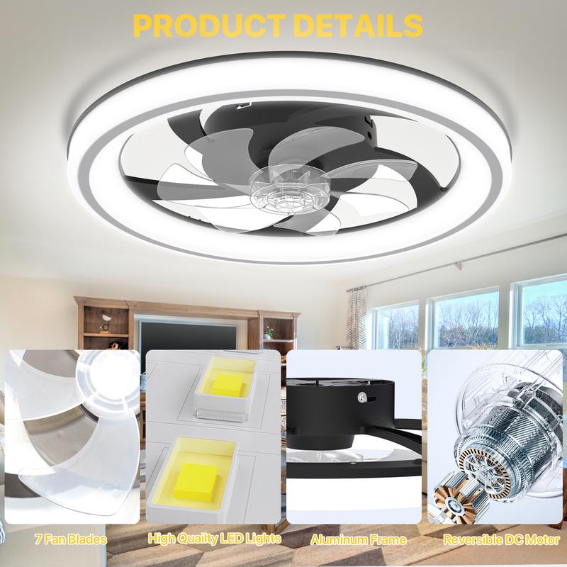 GLITGATE Modern LED Ceiling Fan with Light & Remote - 6-Speed, 3 Color Temperatures (Warm White/Nature White/Pure White), Dimmable Brightness, Timer Function, App & Remote Control, Flush Mount Design for Bedroom or Living Room