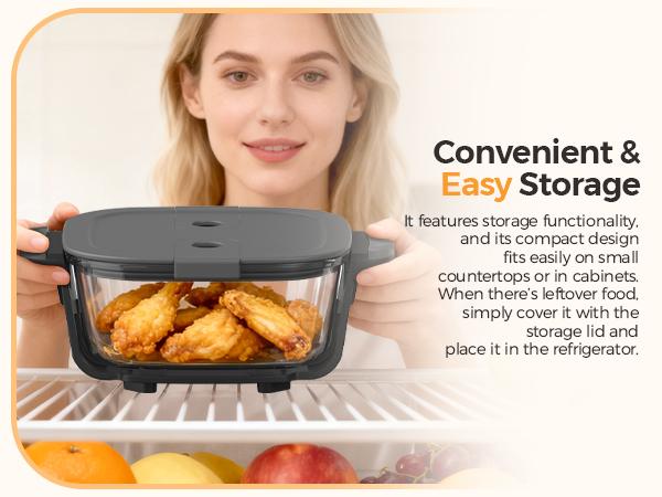 1500W 5-in-1 Glass Air Fryer Non-Toxic - 4Qt Pot+6Cup Container with Lid & Dust Cover, Portable Smart Kitchen Appliance Silicone Pad Included