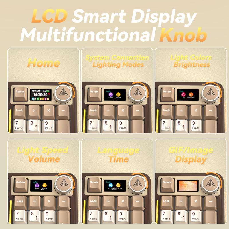 Solakaka A99 Pro 99% Wireless Mechanical Keyboard,  Hot-Swappable,  LCD Screen & Control Knob,  Tri-Mode Bluetooth/2.4G/USB-C,  RGB Backlit, Cream Coffee