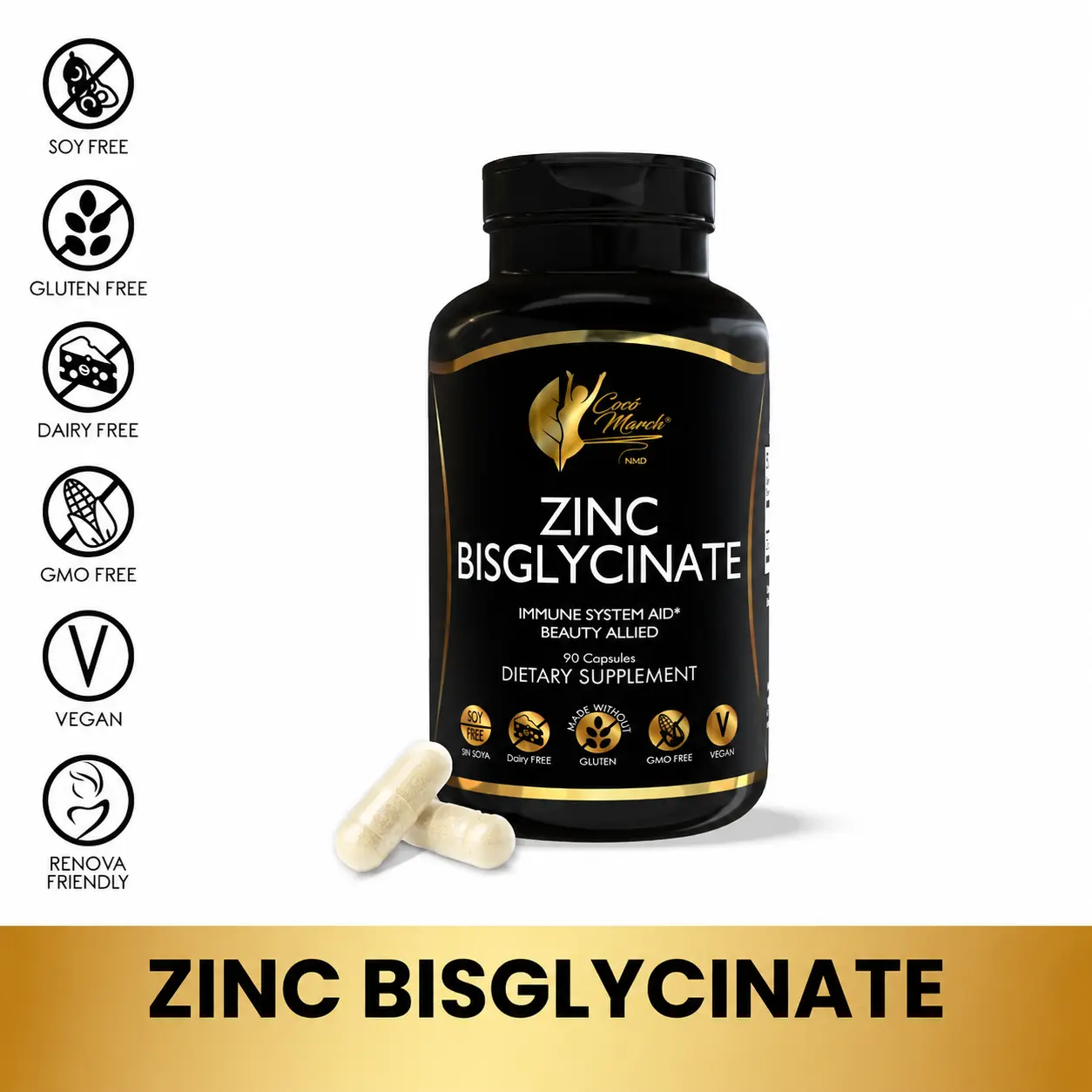 Cocó March N.M.D Zinc Bisglycinate – Gentle on Stomach, Powerful Immune & Skin Support – Highly Absorbable Chelated Formula – Vegan, Gluten-Free, Non-GMO, Soy-Free – 90 Capsules