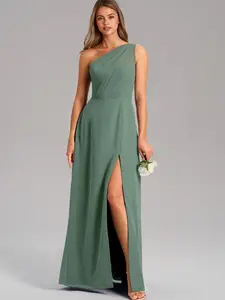 Azazie Phaedra A-Line One-Shoulder Illusion Pleated Bridesmaid Wedding Guest Formal Dress