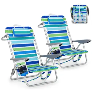 Backpack Beach Chair for Adults 2 Pack, Lightweight Portable Lay Flat Folding Beach Chair with 5 Positions, Backpack Straps, Phone Pocket, Cup Holder & Towel Bar, Support to 300 LBS