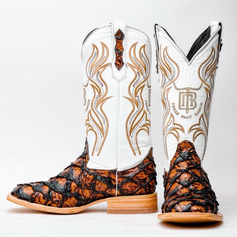 Honey Cognac Jumbo Pirarucu Leather Boots - Square Toe