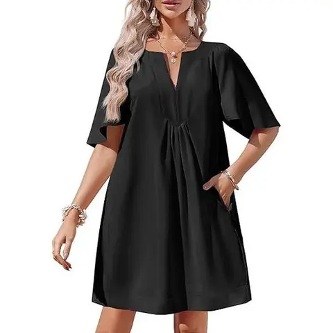 Wenrine Women's A-Line Fit V-Neck Flutter Half-Sleeve Mini Shift Dress - Pocket-Ready Summer-Light Fabric Casual Dress with Subtle Sheen for Elegant Wear