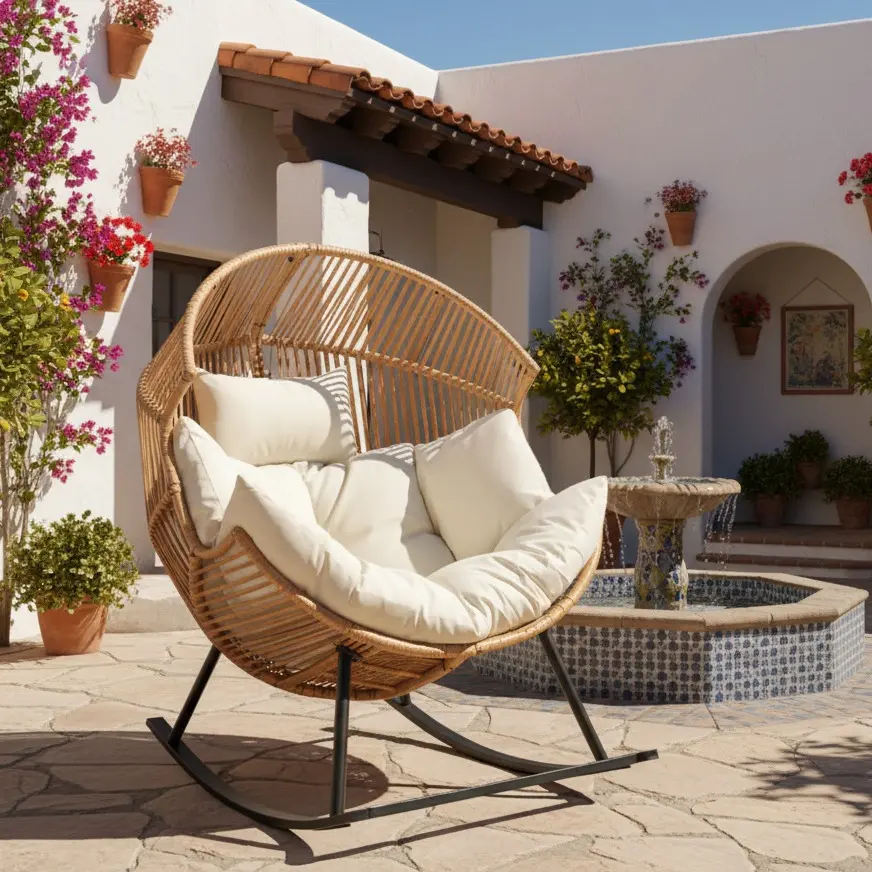 Walsunny Rocking Chair, Outdoor Indoor Wicker Egg Chair, 450Lbs Load Capacity Oversized Egg Lounger Chair with Cushion Basket for Bedroom, Balcony, Backyard, Beige