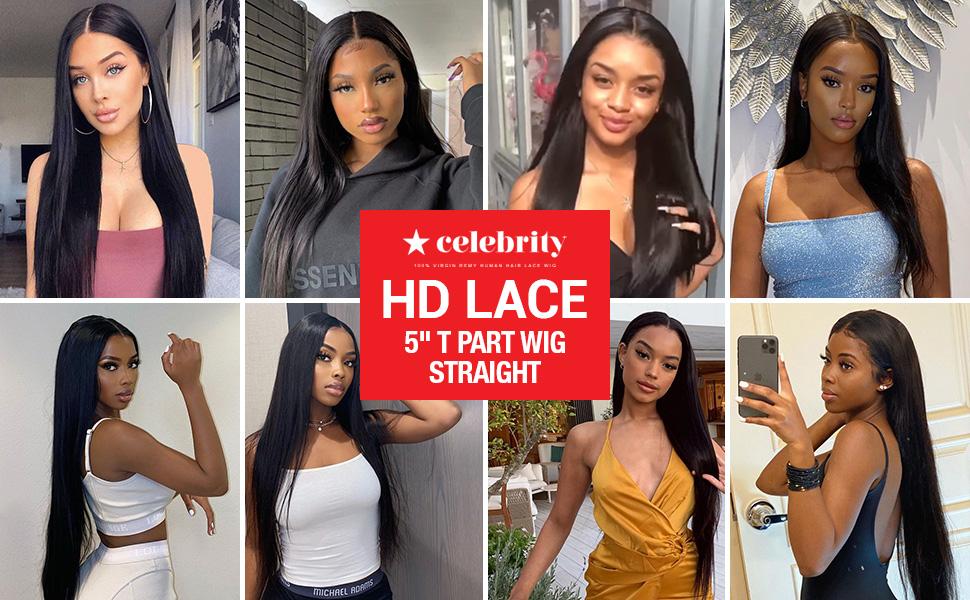 Celebrity 100% Virgin Human Hair HD Lace 5" T Part Wig Straight (12-24")