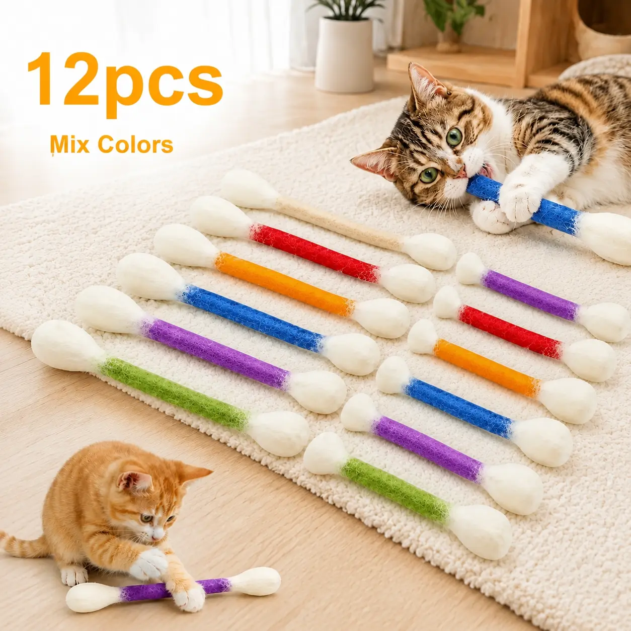 Cat Giant Q-Tip Shaped Felt Chew Toys, 6-Pack Soft Cotton Swab Teething Sticks, Durable Interactive Indoor Kitten Accessories for Anxiety Relief & Dental Cleaning Gifts