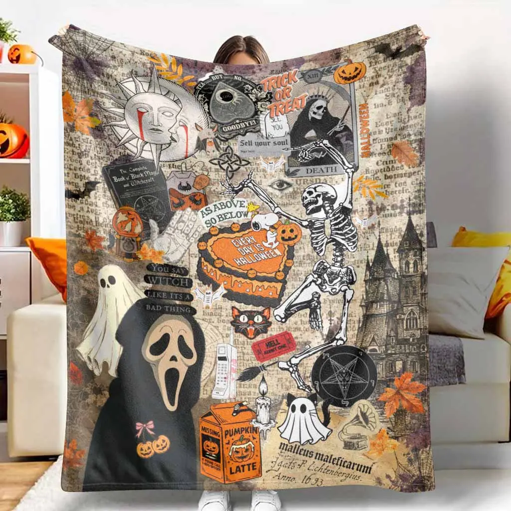 Gothic Halloween Flannel Blanket with Witch Skeleton Ghost Pumpkin and Haunted House Print Soft Cozy Lightweight Warm Throw for Sofa Bed Couch Party Decor Autumn Festival Gift