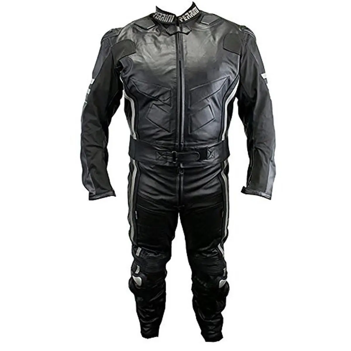 Men's 2-Piece Motorcycle Racing Suit in Top-Grain Cowhide Leather with Dupont Kevlar, CE Approved Paddings, Leather Stretch Panels, and YKK Zippers, Armor, Nylon Stitching, Abrasion Resistance
