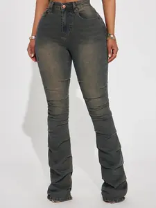 Women's High-Waisted Stacked Bootcut Jeans Dark Wash Ultra-Flared Stretch Fabric Comfortable Fit