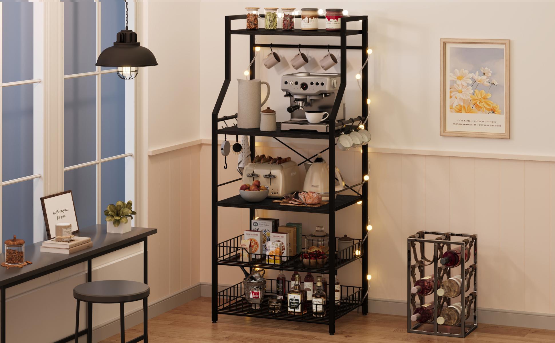 【GARVEE】5-Tier Kitchen Bakers Rack with 2 Large Wire Baskets, Industrial Microwave Oven Stand and Coffee Bar Station, Kitchen Utility Storage Shelf with 8 Hooks for Organizing Spices and Pots, Rustic Black