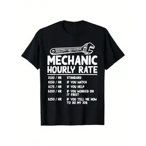 Funny Mechanic Hourly Rate Joke T-Shirt for Men - Auto Repair Cost List with Wrench & Car Parts Icons, Casual Round Neck Tee for Mechanics, Auto Shop Gifts, Humorous Pricing Scale Design