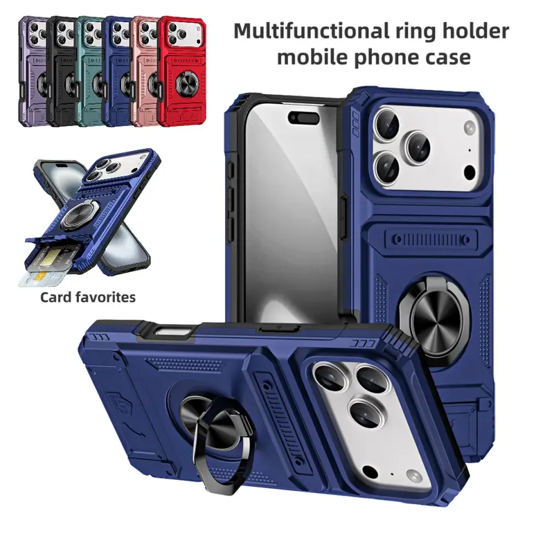Military-Grade Protective Smartphone Case - Shock-Absorbent Anti-Drop Handheld Shell, 360° Rotatable Zinc-Alloy Ring Kickstand, Built-In Cash & Card Slot, Magnetic Car Mount Compatible TPU+PC Cover for iPhone 13-18 Pro Max/Plus Series Devices Accessories,