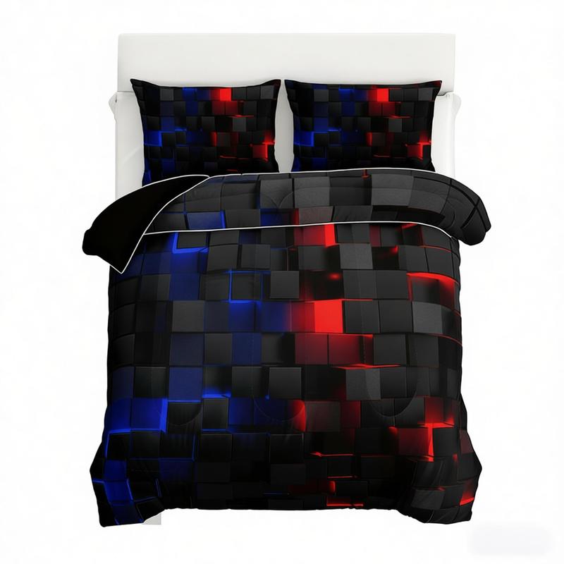 3pcs Red Black Grid Quilt Virtual Space Bedding Set for Adults Bedroom Decor,  futuristic tech vibe Quilt Set Comforter with 2 Pillow Shams Gifts for the Family