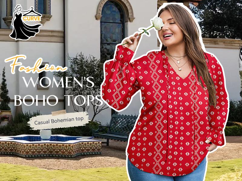 Eytino Plus Size Tops for Women V Neck Long Sleeve Drawstring Floral Boho Print Blouse Shirts Vacation Outfits(1X-5X)