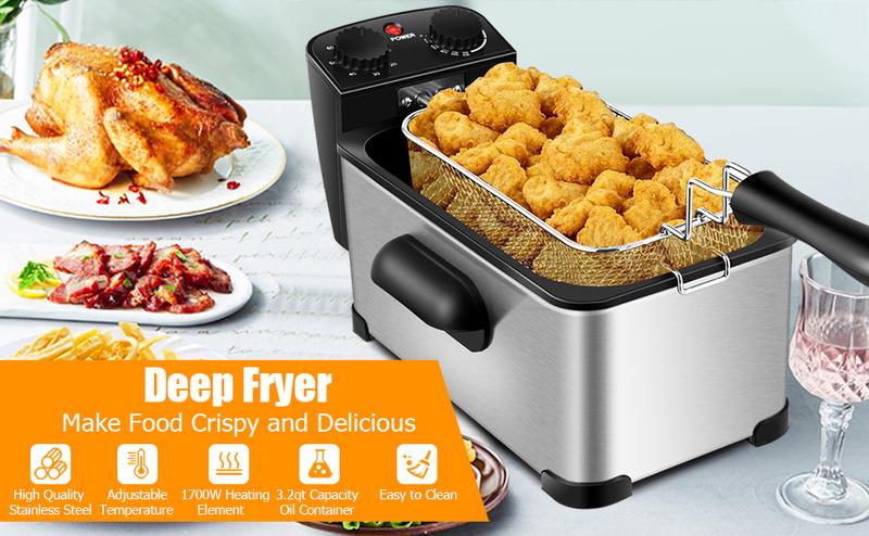 COSTWAY Deep Fryer with Basket, 3.2Qt/5.3Qt Stainless Steel Electric Oil Fryer w/Adjustable Temperature, Timer, Lid with View Window-Christmas Festival Gift Black Friday Cyber Monday