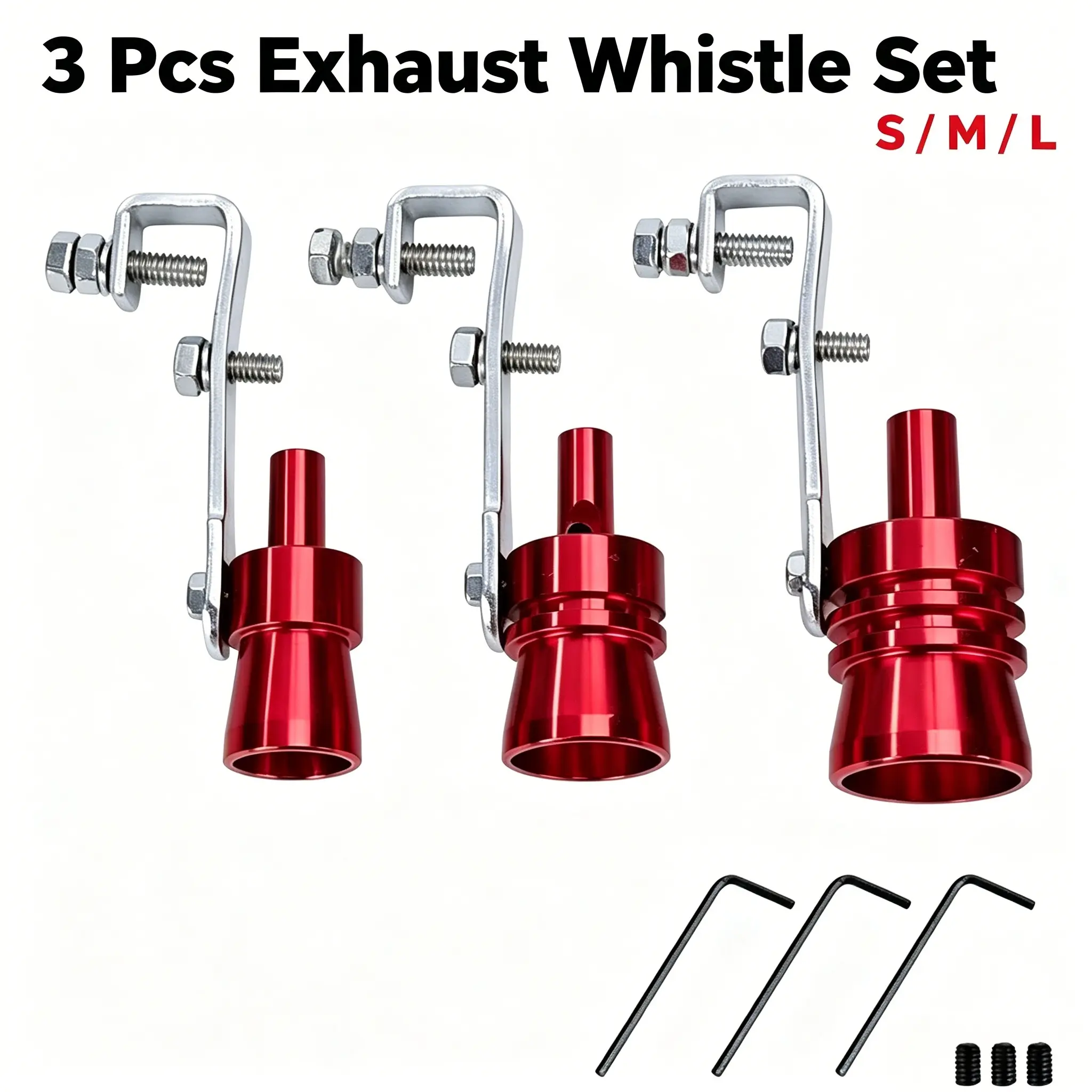 3PCS Universal Exhaust Whistle Set - Black, Red Turbo Sound Tailpipe Tips (S/M/L) with Adjustable Mount Brackets, Automotive Exhaust Noise Booster Accessory for Cars, Trucks motorcycle, Aluminum Alloy, Turboexhaustwhistle, Car Accessories, Accessories For