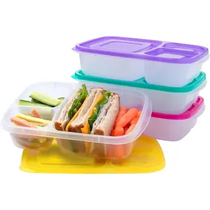 Easyboxes Original Stackable Lunch Boxes Reusable 3 Compartment Food Containers for Kids and Adults BPA Free Set of 4 Brights with Custom Fit Lids Dishwasher Safe - Plastic