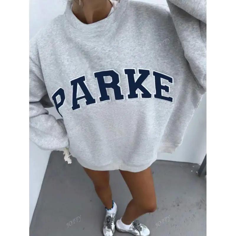 NewNew Oversized Knitted Polyester Sweatshirt - Long Sleeve Pullover Hoodie with Casual Letter Print, Loose Round Neck Piece, Suitable for Autumn Airport & Back-to-School Outdoor Sports Clothes (Pairs with Raincoat)