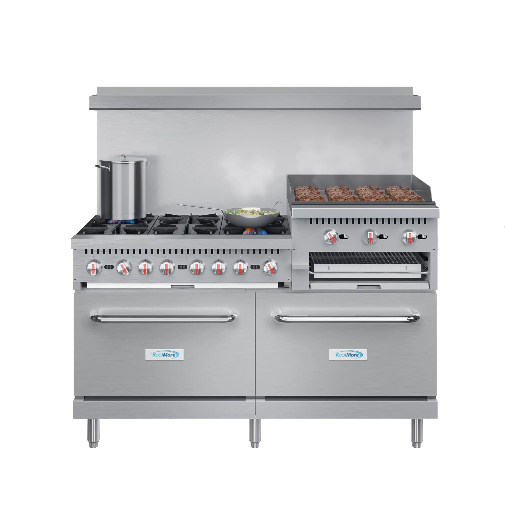 60" Size Stainless Steel Commercial Gas Powered Range - 6 Open Top Burns, 24-in Griddle/Broiler, Dual Ovens, Easy-to-Clean Unit with Backsplash (KM-CRGB60-NG)