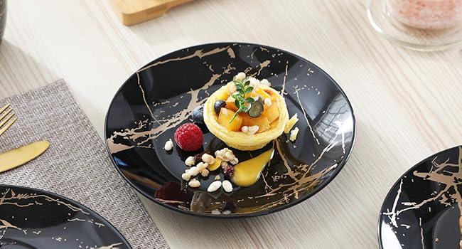 Plates and Bowls Sets for 4, Black Dinnerware Sets 16 Piece Gold Splash Glaze Round Dish Set, LOVECASA Porcelain Plate Set with Mugs Dishwasher Microwave Safe