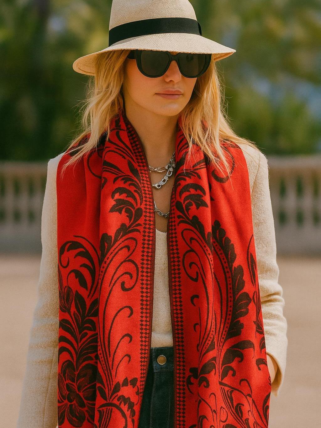 Women's Reversible Floral Boho Scarf - Oversized Shawl with Fringe Details Lightweight Soft Fabric Intricate Floral Design Classic Fringed Hem Elegant Layering Accessory