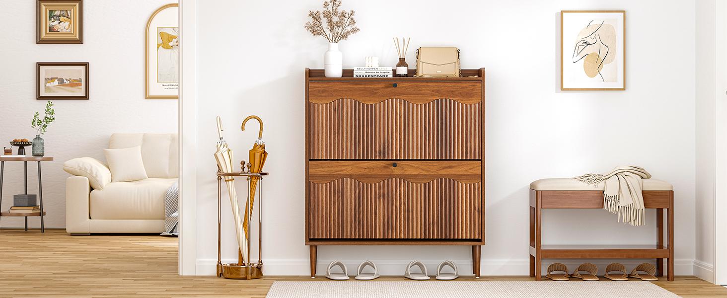 Giratree Wooden Fluted Shoe Cabinet with 2/3/4 Flip Drawers, Stylish Narrow Shoe Storage Organizer with Wave Design, Freestanding Entryway Shoe Rack for Hallway, Living Room Giratree Wooden Fluted Shoe Cabinet with 2/3/4 Flip Drawers, Stylish Narrow Shoe Storage Organizer with Wave Design, Freestanding Entryway Shoe Rack for Hallway, Living Room