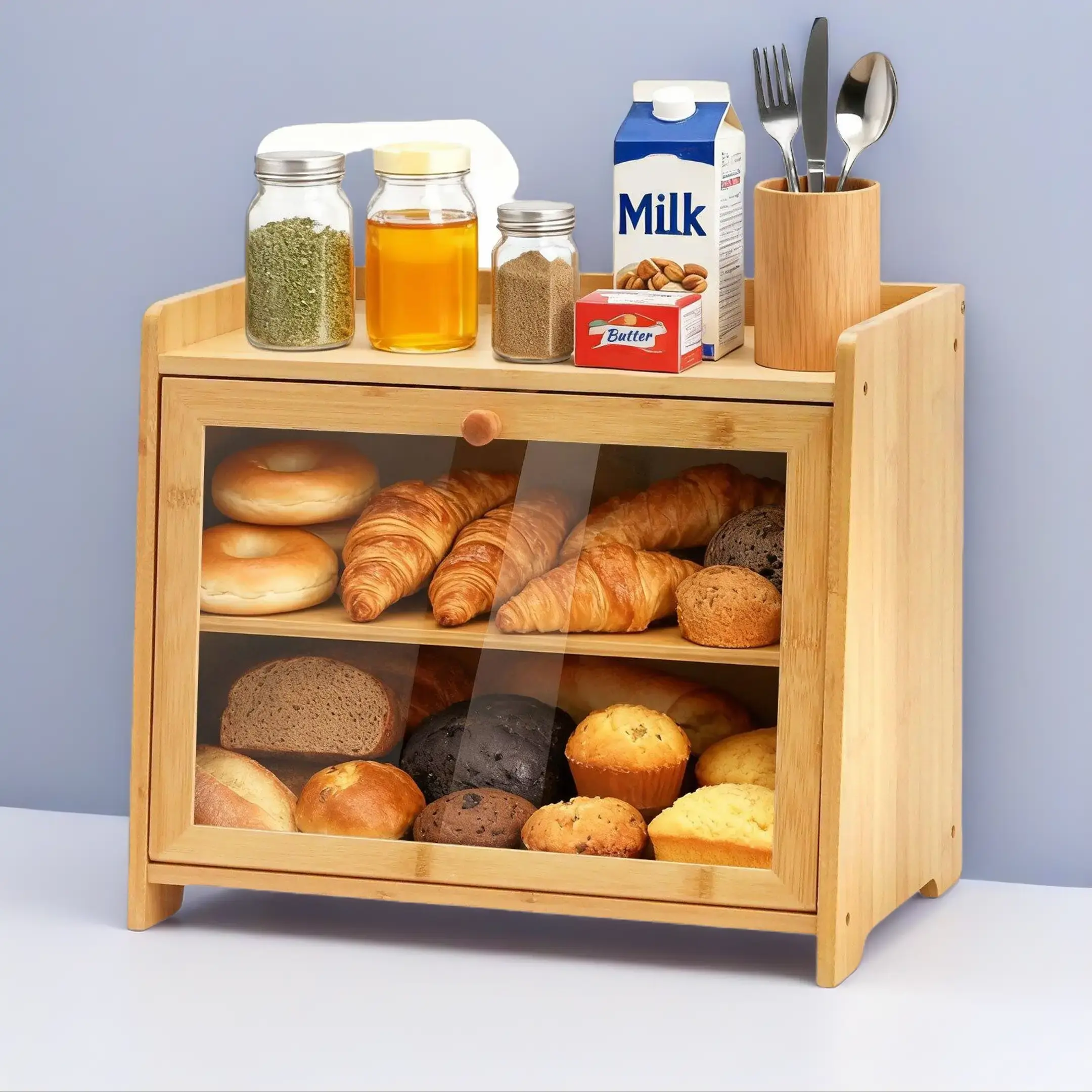 Zhengwanhh09j Bamboo Bread Storage Bins, 2-Piece Double Layer Large Capacity Containers with Window, Kitchen Shelf Holders for Cabinet & Pantry Organization, Black Utensils & Tea Keepers