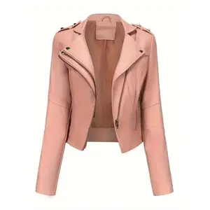 Slim Fit PU Jacket -Women's Short Sexy Motorcycle Suit with Rivet Decoration in Womenswear Coats Tops Comfort Outerwear Basic Casual Style Fitted Chic Minimalist Solid Zipper Front Soft Pink Leather Long Sleeve