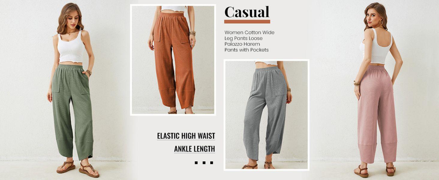 Ommig Womens Baggy Wide Leg Pants Casual Elastic Waisted Palazzo Harem Pants with Pockets