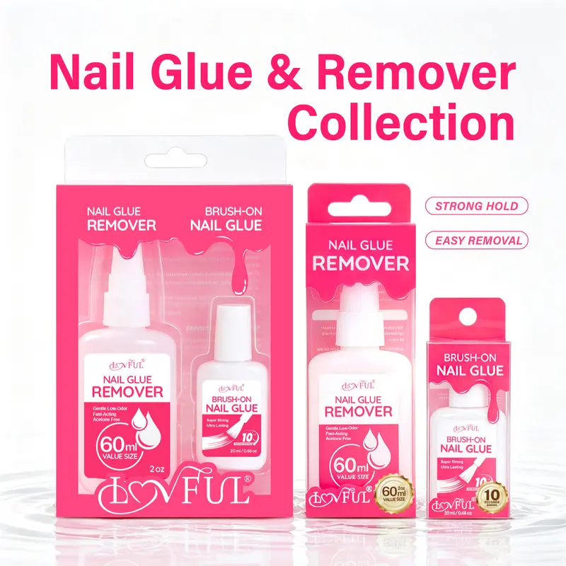Lovful Press On Nail Glue & Remover Kit, 20ML Brush-On Glue, 60ML Nail Remover, Strong Hold & Easy Removal #SohoChic