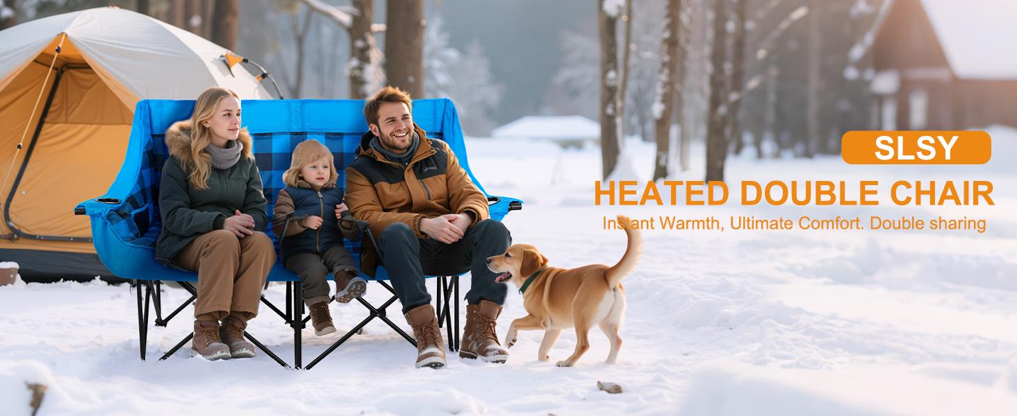 SLSY XXL Oversized Heated Double Camping Chair, Folding 2 Person Camping Couch Loveseat,Heating Padded Chairs with 3 Heat Levels Carrying Bag Lawn Chairs