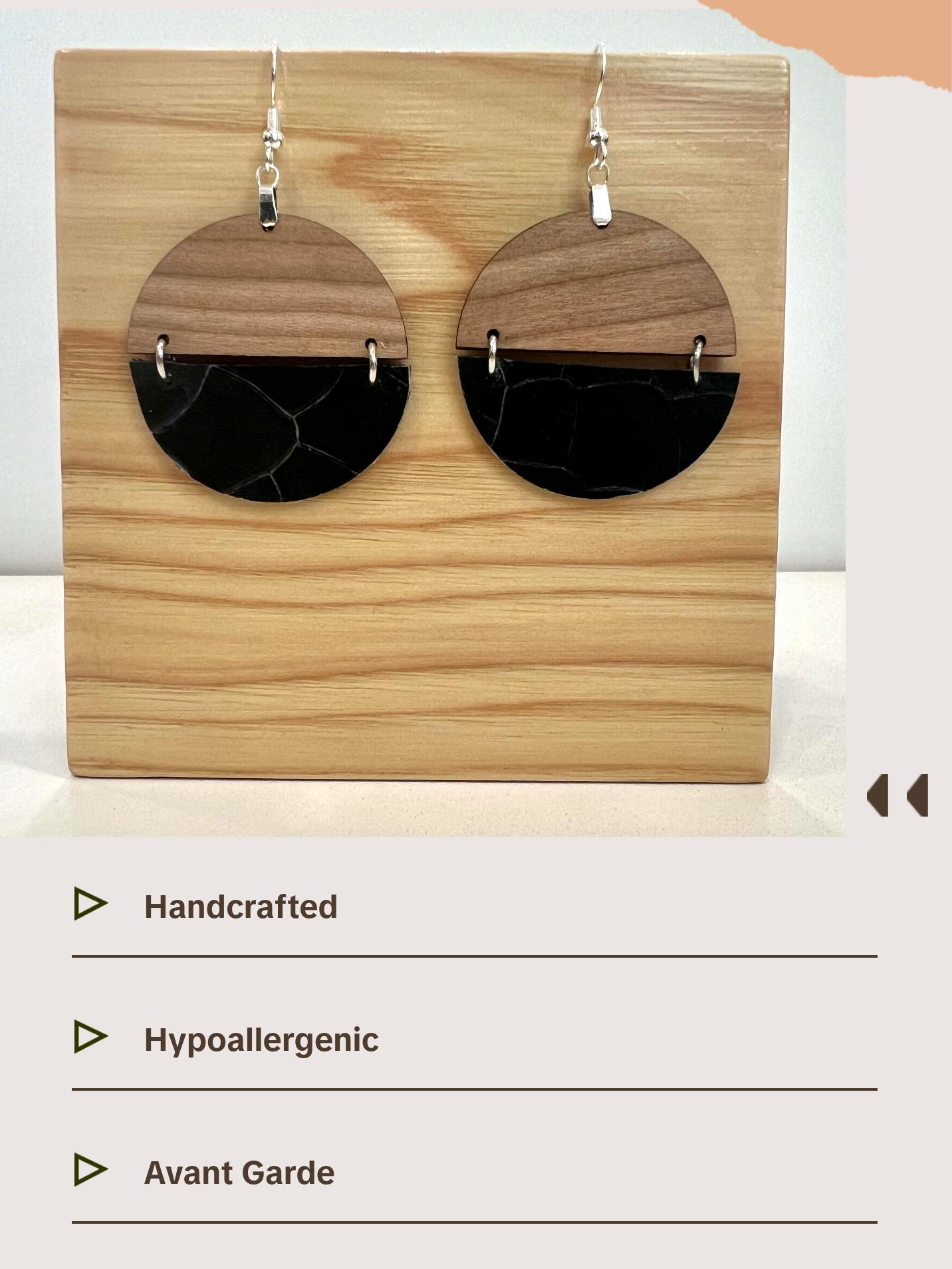 Black Dragon Scale Genuine Leather and Cherry Earrings Silver S925 clamp style hooks