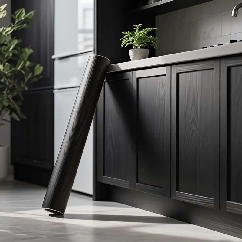 A roll of black wood grain stickers, Self Adhesive, Peel and Stick Wallpaper, Diy Wallpapers, waterproof and oil-proof vinyl film, suitable for kitchen, bathroom, easy to paste and remove, hollow pattern, semi-gloss, reusable PVC material
