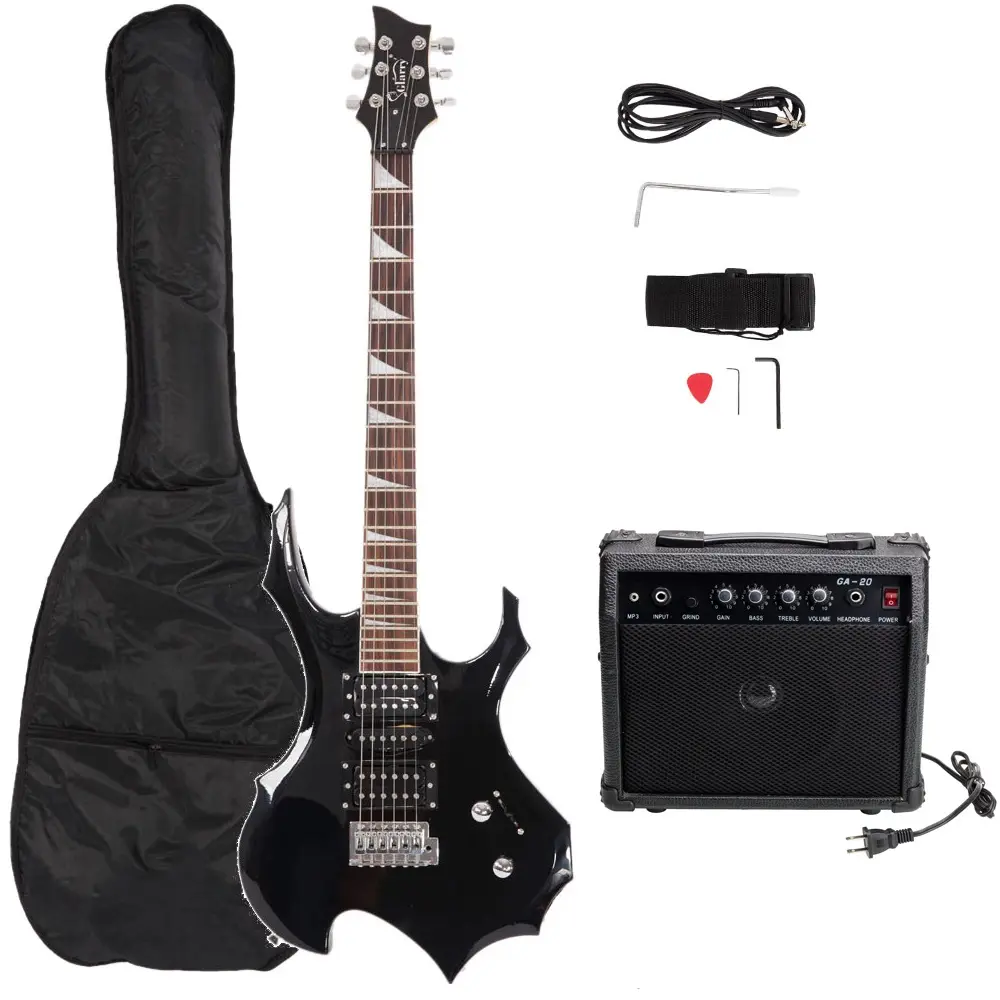 Black Flame Shaped Electric Guitar Set with 20W Amp, HSH Pickup, 5 Way Switch, Tremolo Bridge, Bag Strap Picks Cable Tools for Beginner and Pro