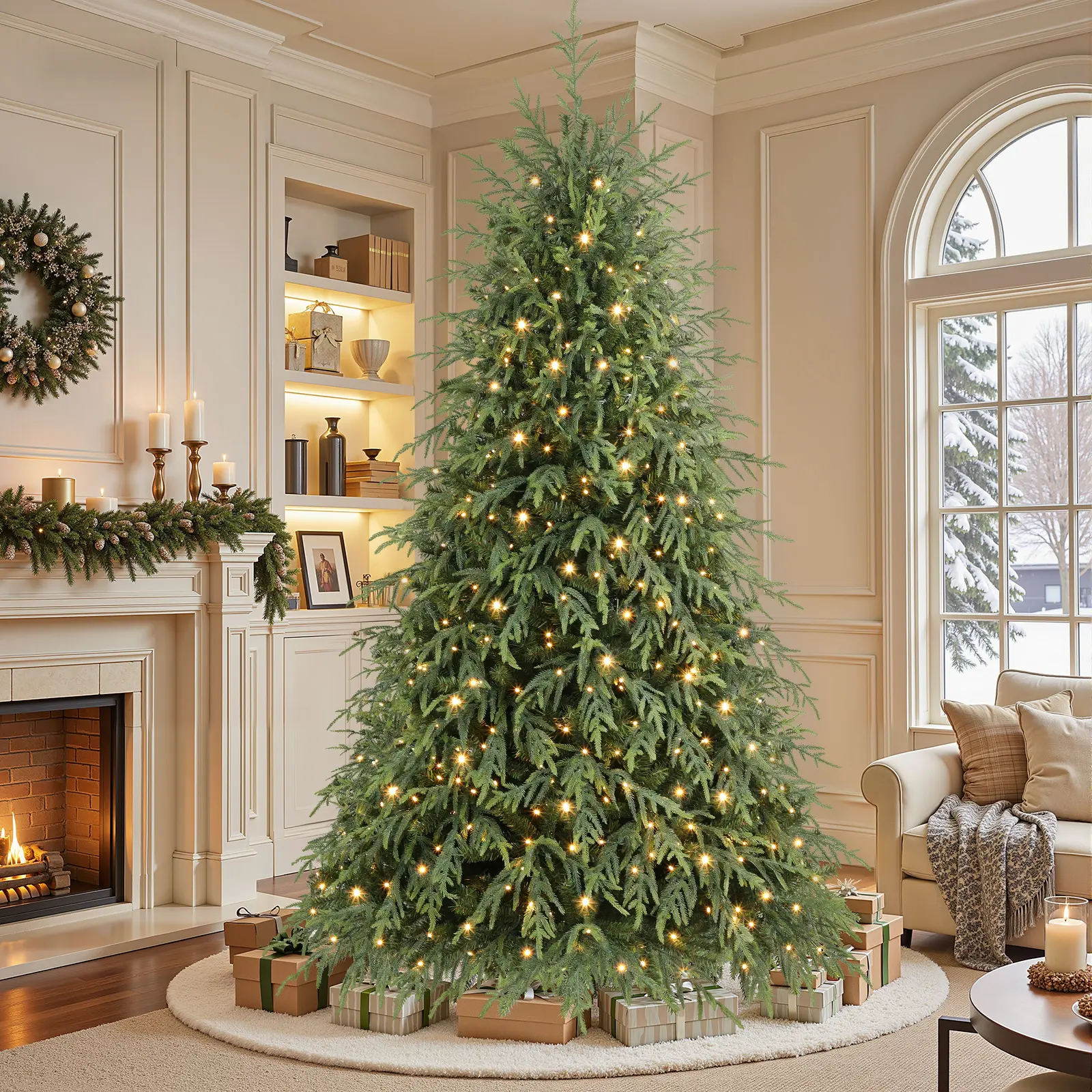 SHareconn 2026 Hinged Synthetic Norfolk Pine Artificial Christmas Tree (5.5/6.5/7.5/8/9FT), Floor Mount, Irregular Shape, Remote Control, Colorful Lights (26 Vibrant Colors), 17 Modes, PE-PVC Branches for Home Festive Decor