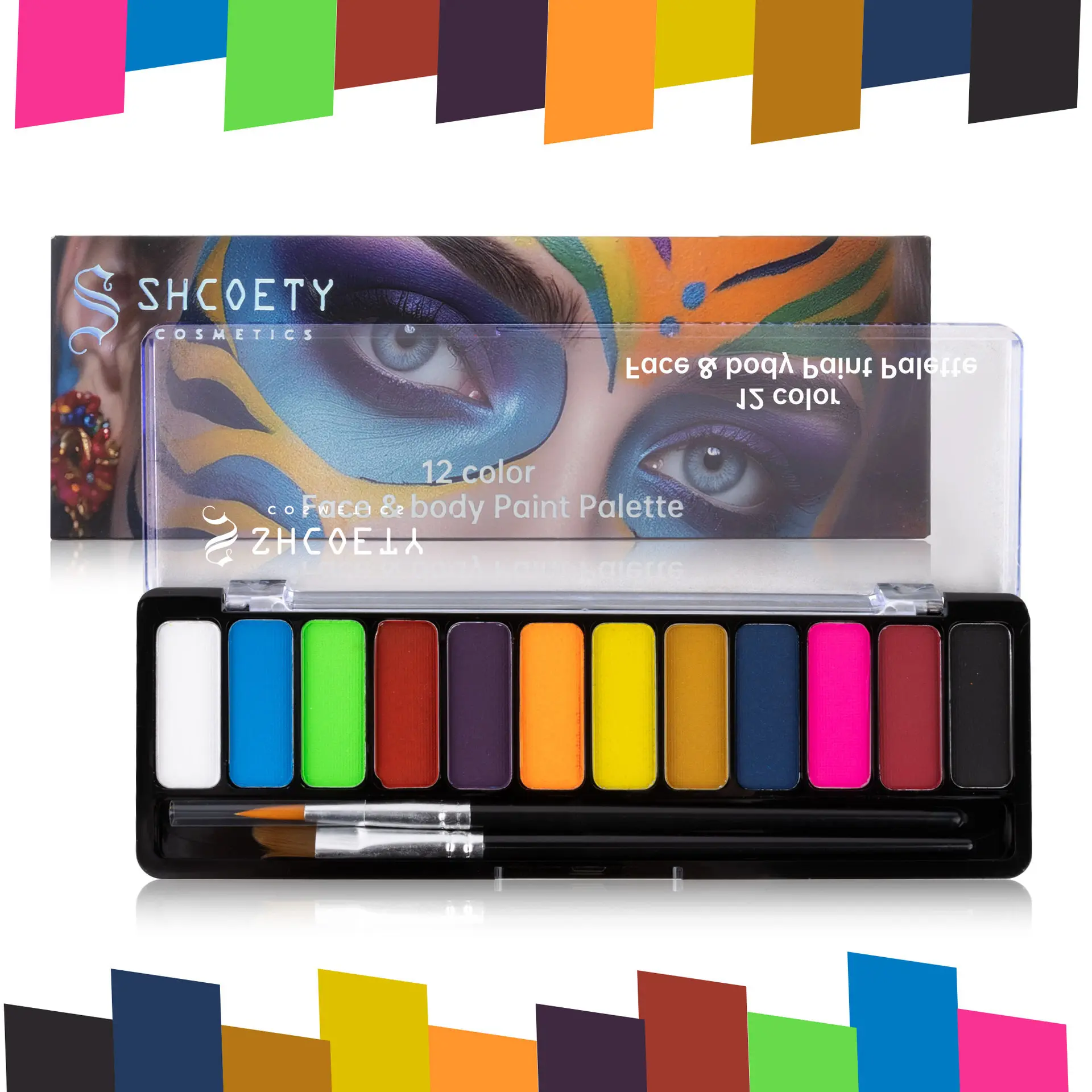 Face Paint Kit – 12 Split Cake Colors, 2 Brushes Non-Toxic, Paraben-Free, Easy to Use & Wash Off – Ideal for Parties, Halloween & Playtime.