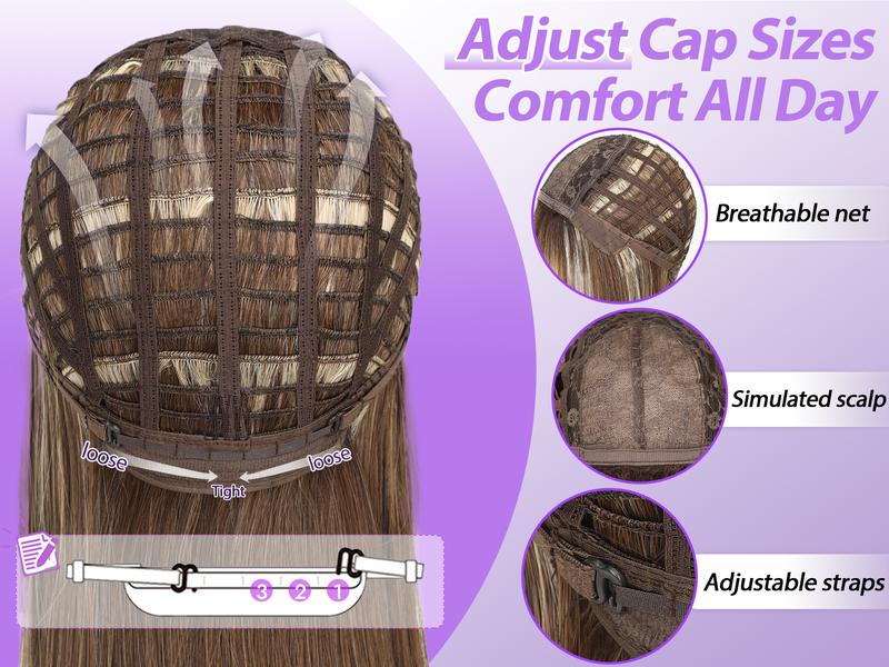 [AISI HAIR] Wig with Bangs for Women Brown Blonde Highlight Straight Face-Framing Layers Hairstyle 4x4 Realistic Scalp Glueless Synthetic Wigs Medium Length for Everyday Use 20 Inch