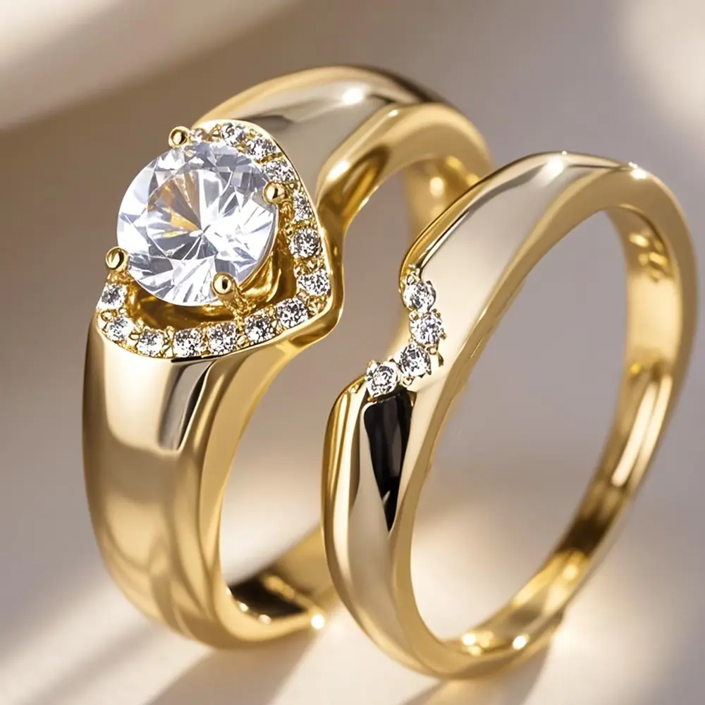 Women's Exquisite & Elegant Inlaid Round Cubic Zirconia Heart Ring Set (2 Pieces), Ideal for Weddings,Engagement Parties, Banquets and Daily Wear. High-Quality Ring Jewelry, Perfect Valentine's Day Gift