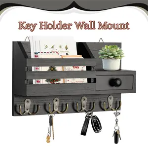 Rustic Key Holder Wall Mount with Shelf, Wooden Mail Organizer with Drawer, Adhesive or Drilled Entryway Key Rack, 8 Hook Wall Organizer for Keys, Mail & Accessories- Perfect Valentine Gift